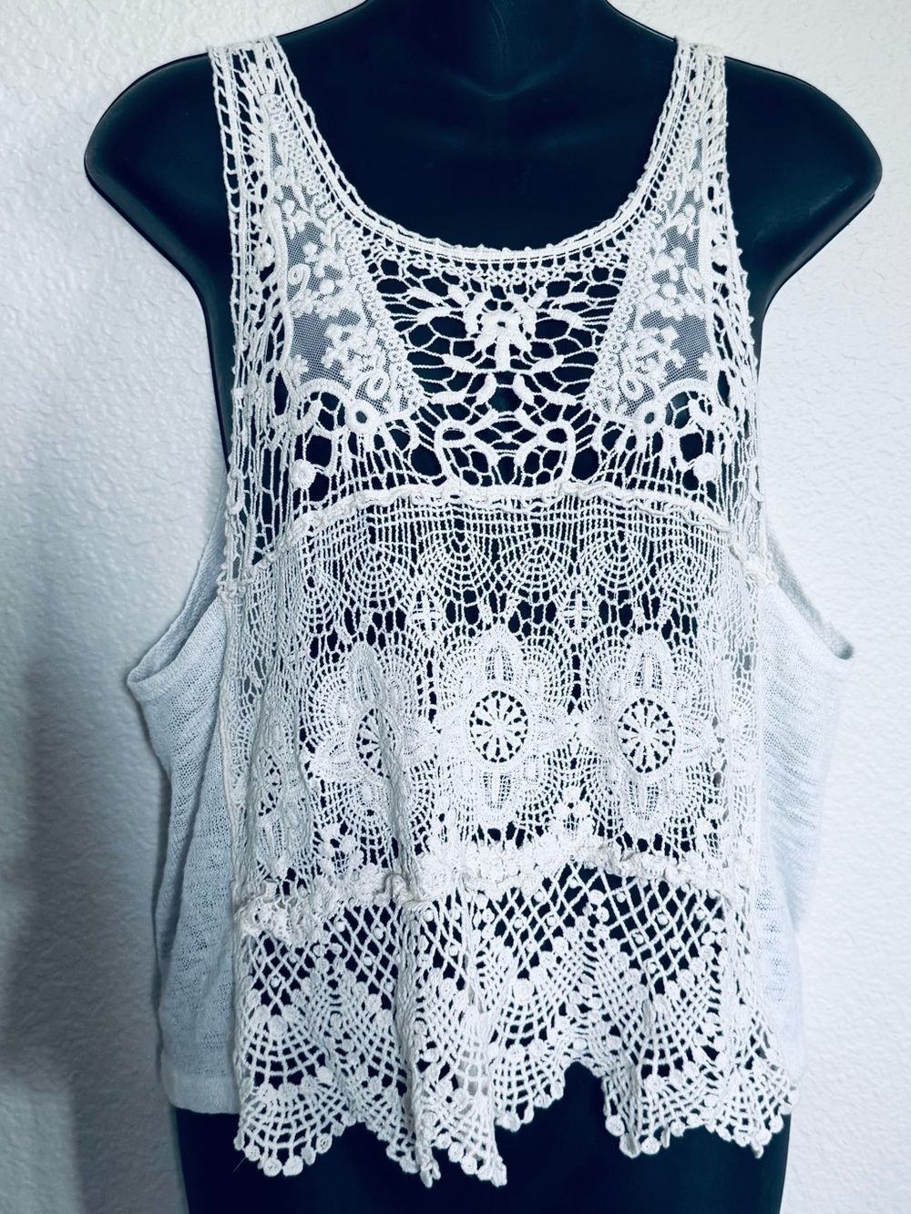 Panhandle Slim Off White Lace Mesh Boho Tank Top